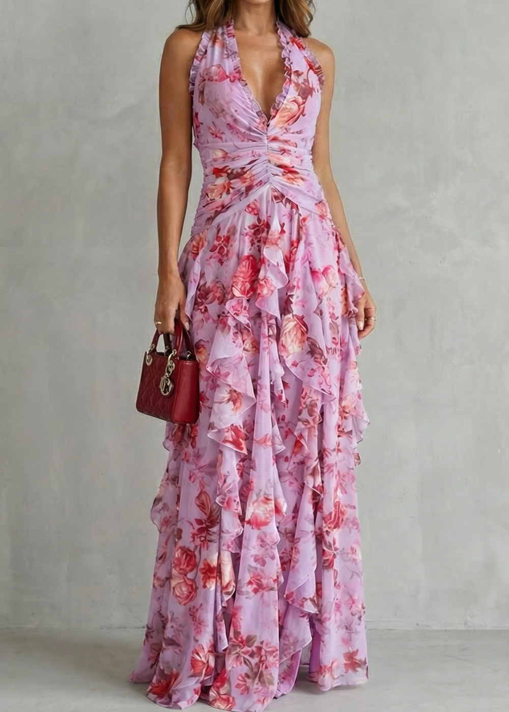 Belladina | Romantica Cascata di Rose Abito lungo con Scollo All'Americana