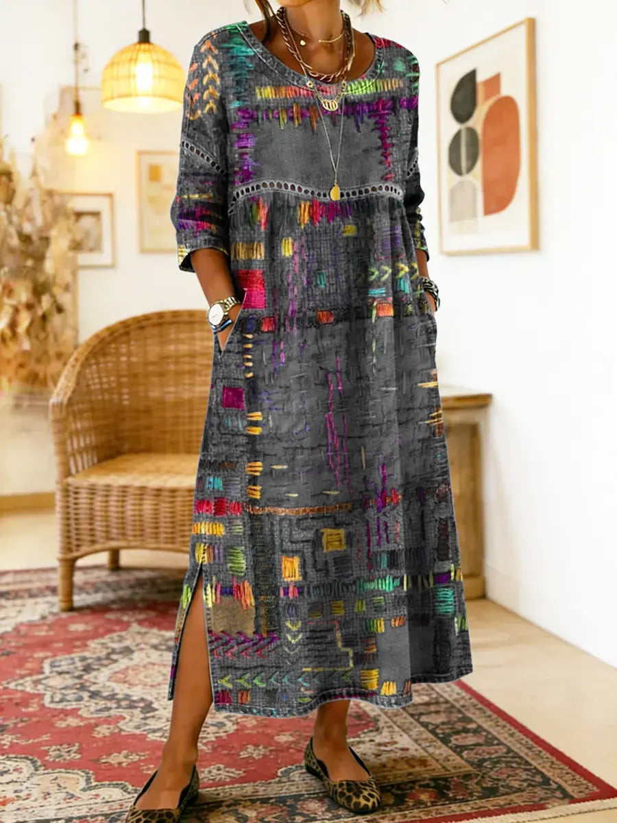 Vilma™ | Džinso Suknelė su Etniniu Patchwork Raštu