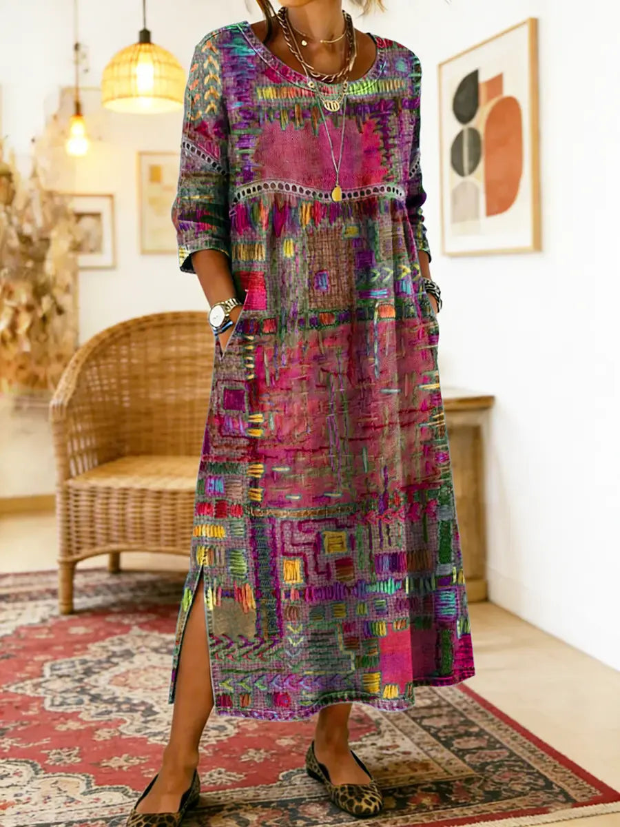 Vilma™ | Džinso Suknelė su Etniniu Patchwork Raštu