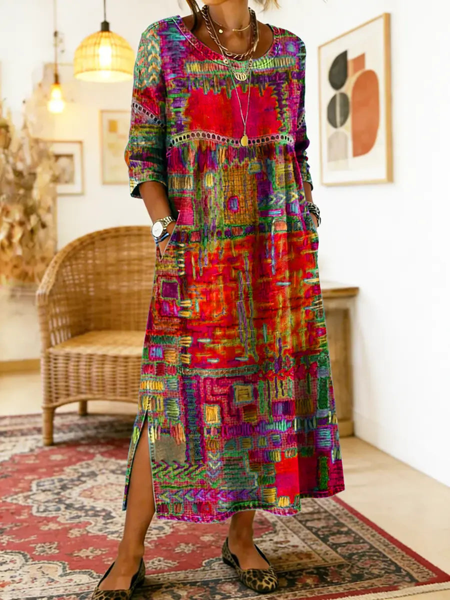 Vilma™ | Džinso Suknelė su Etniniu Patchwork Raštu