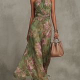 Serena ∙ Žalia ilga šifoninė suknelė su amerikietišku iškirpimu