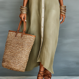 Manelle | Robe Longue Vert Olive Aux Lignes Minimalistes