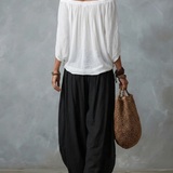Ensemble haut blanc à épaules dénudées et pantalon évasé style lanterne