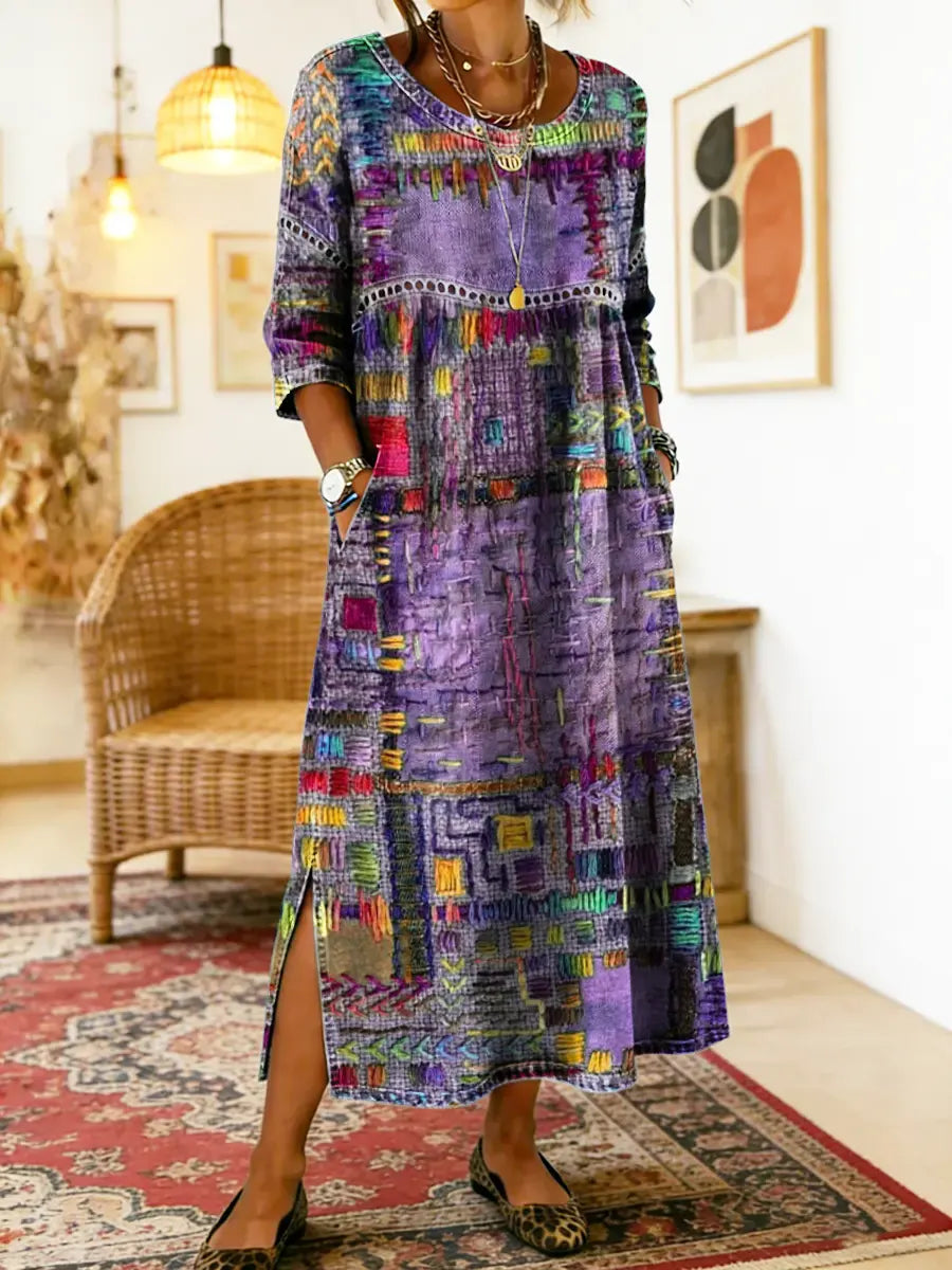 Vilma™ | Džinso Suknelė su Etniniu Patchwork Raštu