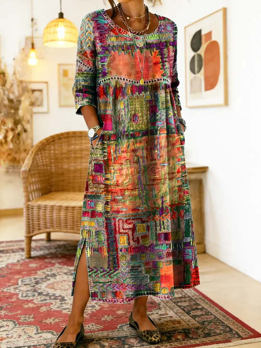 Vilma™ | Džinso Suknelė su Etniniu Patchwork Raštu