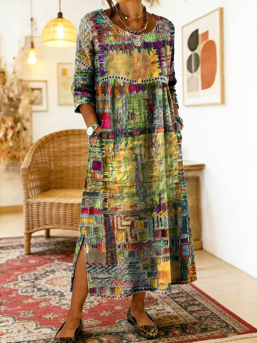 Vilma™ | Džinso Suknelė su Etniniu Patchwork Raštu