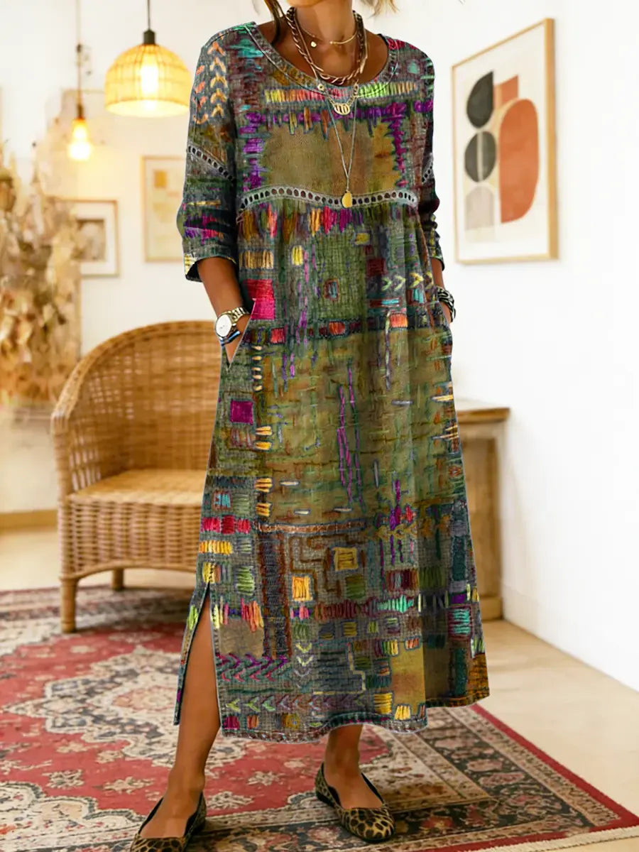 Vilma™ | Džinso Suknelė su Etniniu Patchwork Raštu