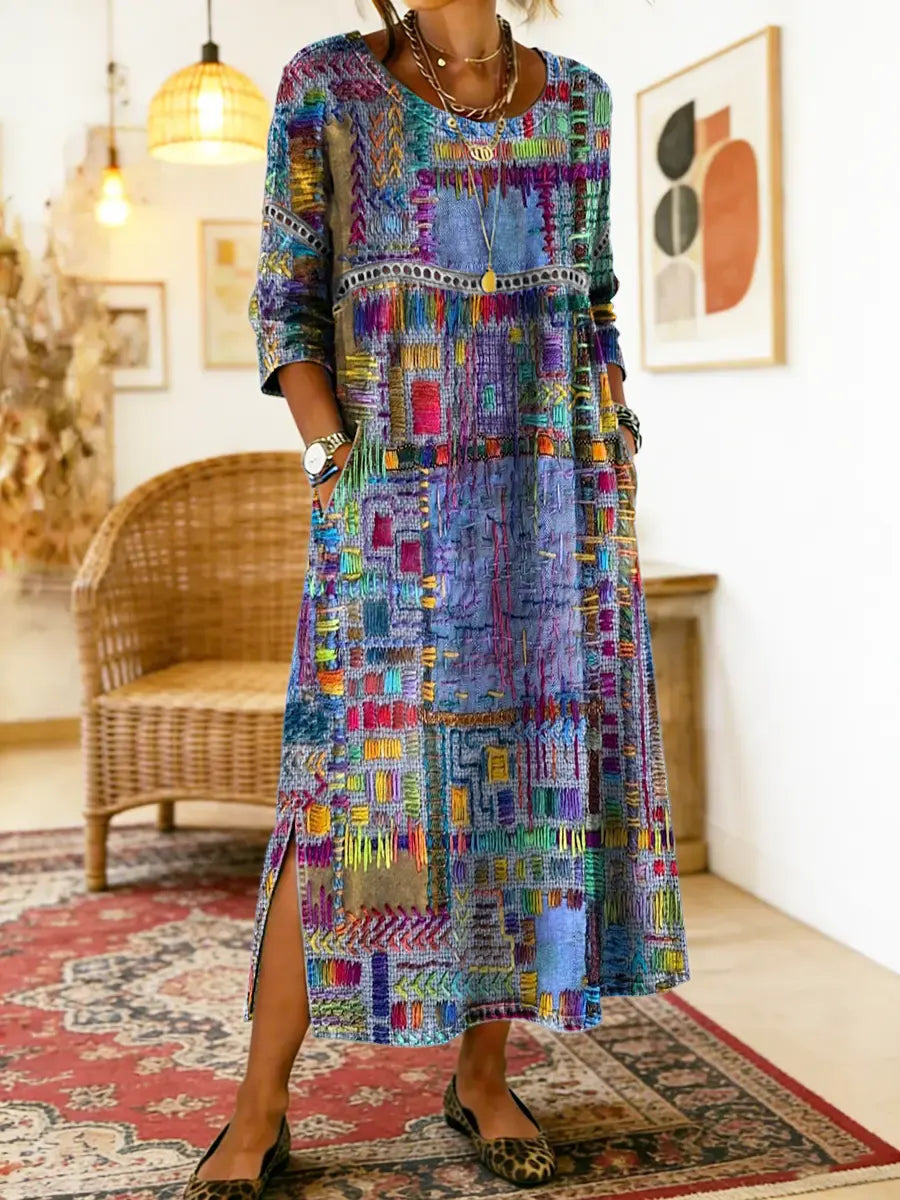 Vilma™ | Džinso Suknelė su Etniniu Patchwork Raštu
