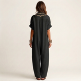 PETRA | EMBROIDERED V-NECK COLLAR LINEN MAXI DRESS