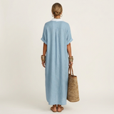 ISOLDE | CONTRAST-COLLAR BUTTON-FRONT SHORT-SLEEVE MAXI SHIRT DRESS