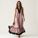 SERAPHINA | SLEEVELESS RUFFLE-NECK CONTRAST-TRIM MAXI DRESS