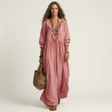 PALOMA | RUFFLE V-NECK STRIPED LANTERN-SLEEVE MAXI DRESS