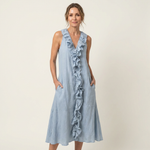 VIOLETTE | RUFFLE-FRONT V-NECK SLEEVELESS LINEN MAXI DRESS