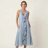 VIOLETTE | RUFFLE-FRONT V-NECK SLEEVELESS LINEN MAXI DRESS