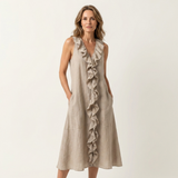 VIOLETTE | RUFFLE-FRONT V-NECK SLEEVELESS LINEN MAXI DRESS