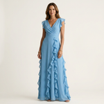 CELESTE | WRAP-STYLE V-NECK FLUTTER-SLEEVE CASCADING RUFFLE MAXI DRESS