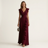 CELESTE | WRAP-STYLE V-NECK FLUTTER-SLEEVE CASCADING RUFFLE MAXI DRESS