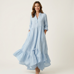 ADRIANNA | STAND-COLLAR BUTTON-FRONT RUFFLE HEM MAXI DRESS