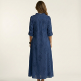 ODALYS | COTTON-LINEN MAXI DRESS WITH TONAL FLORAL EMBROIDERY