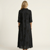 ODALYS | COTTON-LINEN MAXI DRESS WITH TONAL FLORAL EMBROIDERY