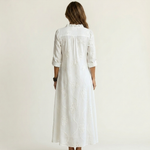 ODALYS | COTTON-LINEN MAXI DRESS WITH TONAL FLORAL EMBROIDERY